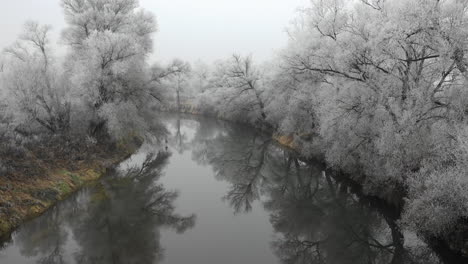 winter river in drone view