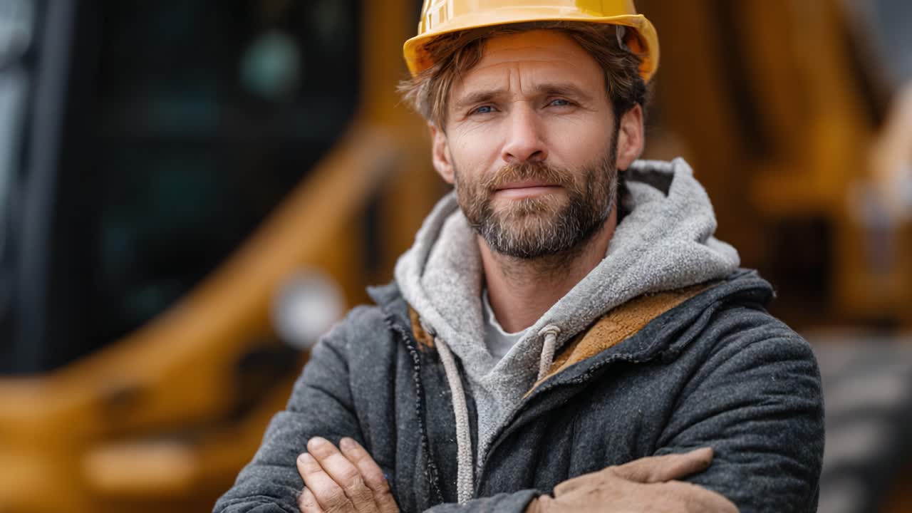 A Skilled Construction Worker with a Yellow Hard Hat Displays Confidence and Determination in an Industrial Environment, Emphasizing Safety and Professionalism