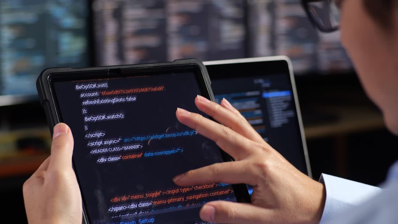 desarrollador de software que trabaja en código en una tableta y computadoras portátiles