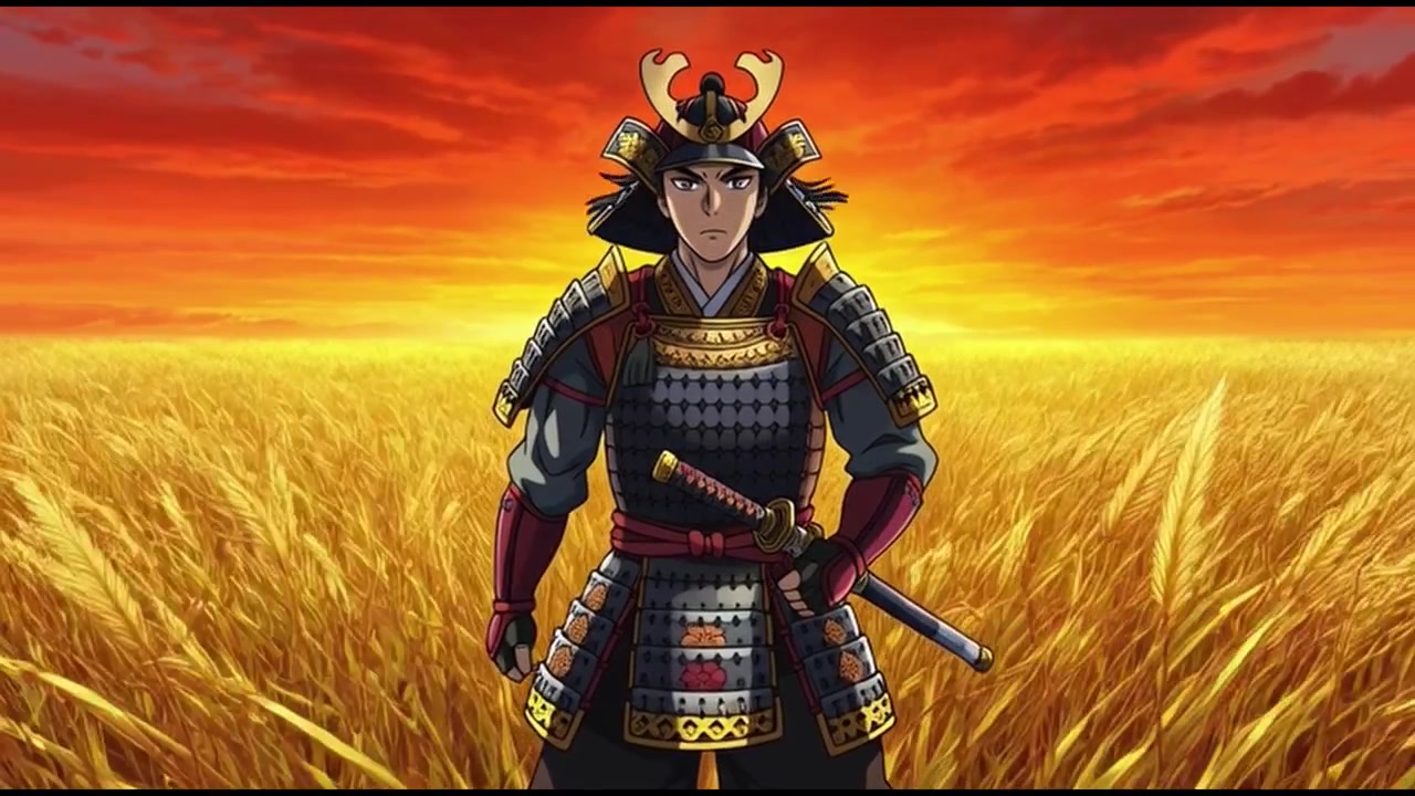 Samurai anime in piedi in un campo di grano dorato al tramonto