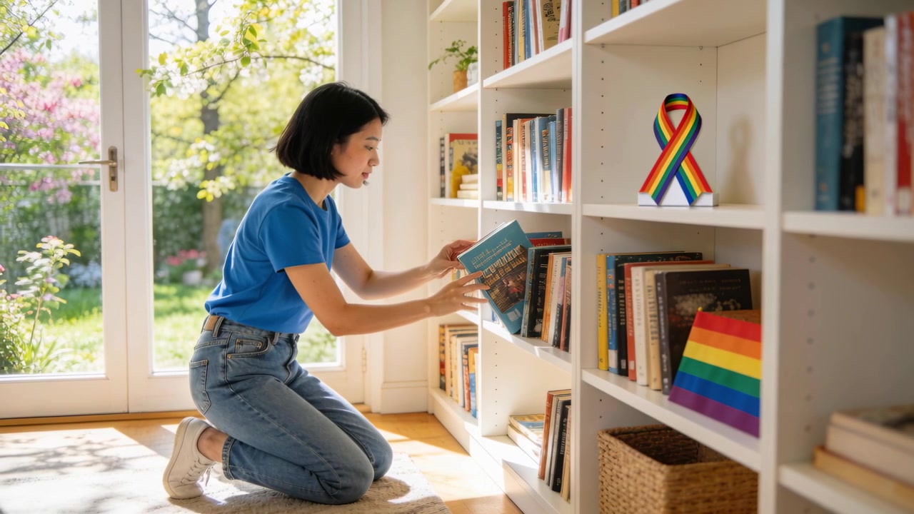 Kneeling woman in blue shirt searching shelves pulling medium blue book and sorting by glass door