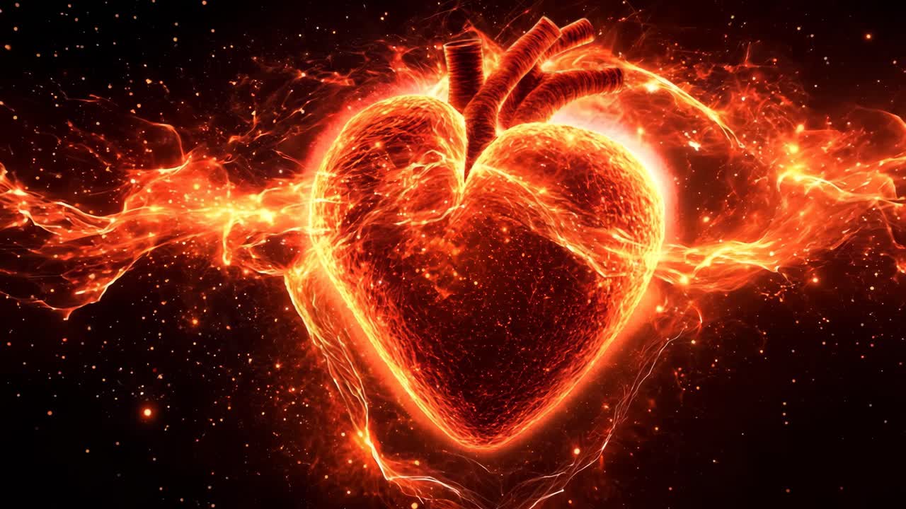 A heart is shown in a fiery red color. The heart is surrounded by a stream of fire, which gives the impression of a burning heart. Concept of passion, love, and intensity