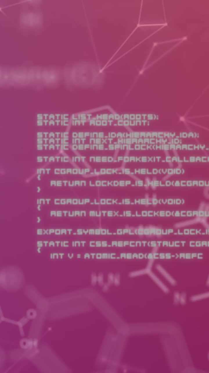Animation of chemical formula with data processing over network of connections on purple background