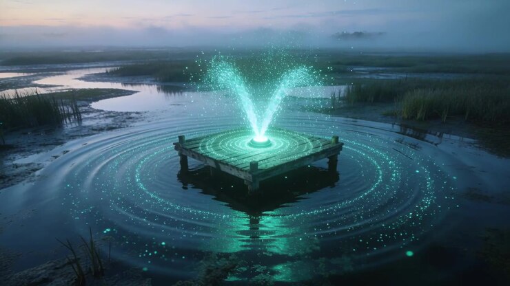 Glow growing floating wooden platform sending twin teal jets and widening ripples in misty marsh