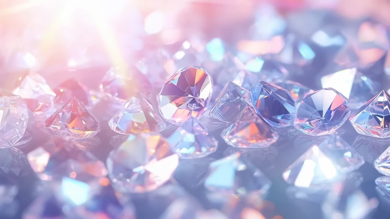 Close-up video of sparkling diamonds with a soft focus and pastel lighting, creating a dreamy