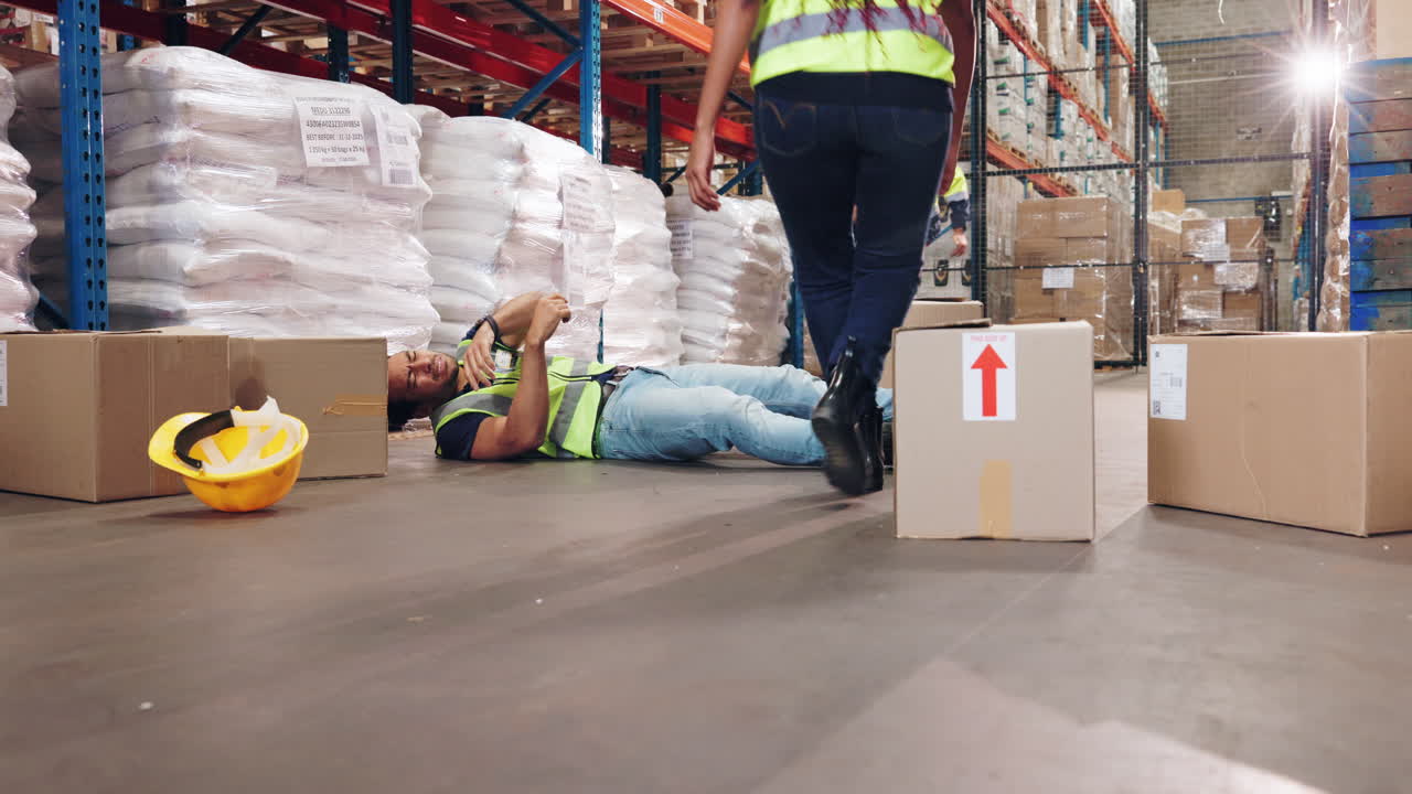 Warehouse workers assisting injured colleague after work accident