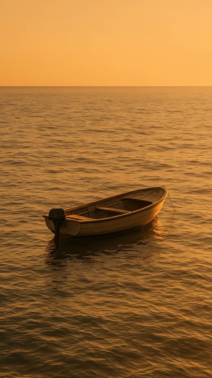 A serene sunset scene with a small boat on calm waters. Captured from a low angle, this video
