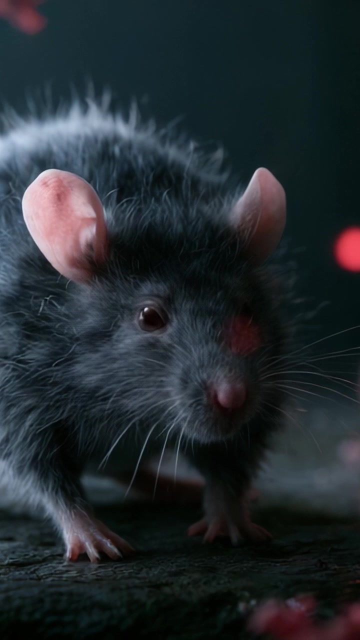 Una Exploración Detallada de un Roedor Adorable: Características y Expresiones Cautivadoras de una Hermosa Rata Negra Contra un Fondo Misterioso