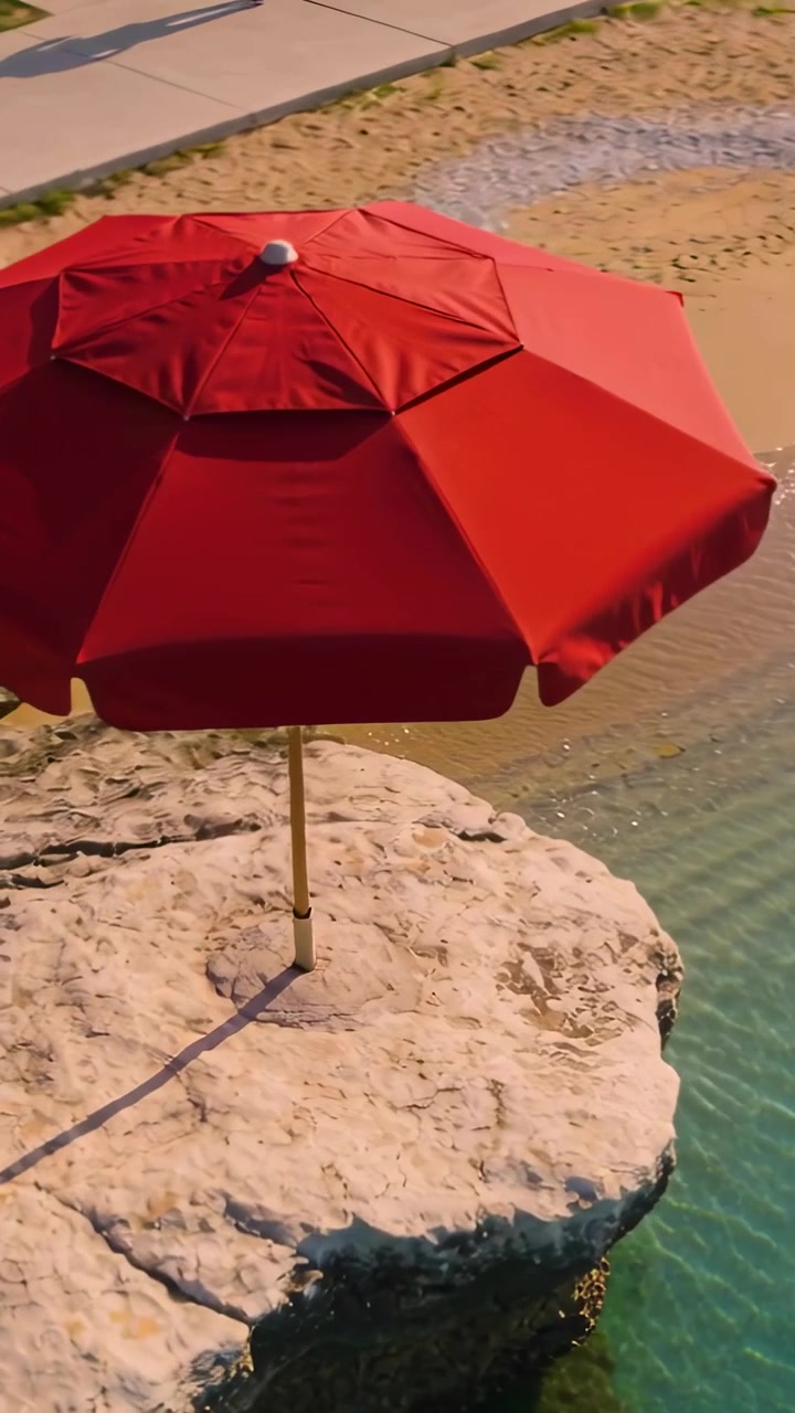 Video verticale: Drone che esegue una panoramica mostrando un ombrello rosso su una sporgenza rocciosa al bordo dell'acqua, rivelando dei passanti.