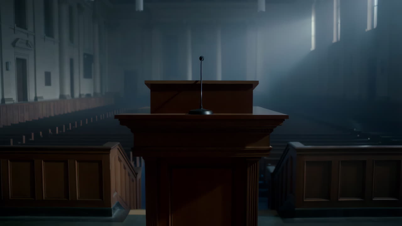 Empty Podium with Microphone in a Dimly Lit Formal Hall