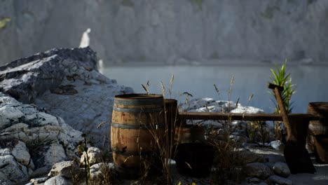 wooden barrels with sea fish at the sand beach