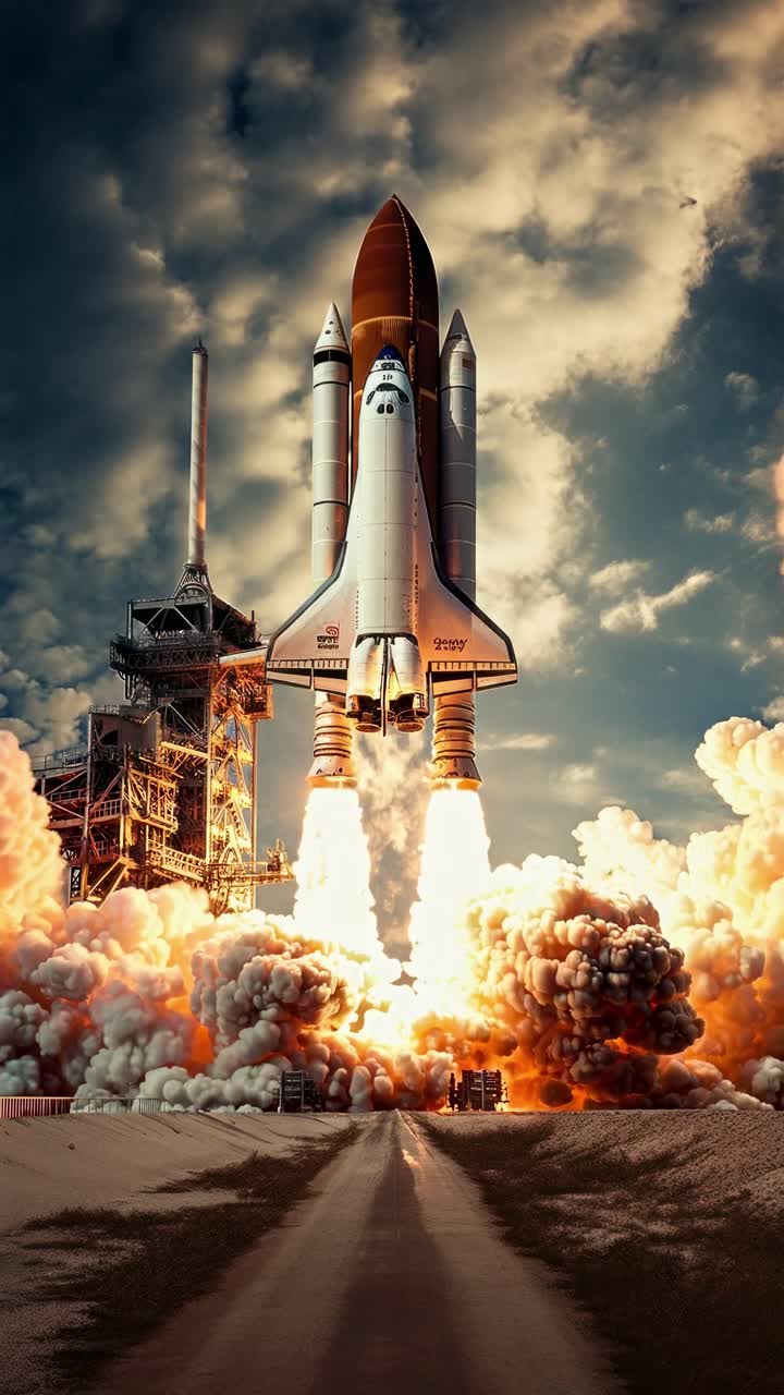 A dramatic low-angle shot captures a space shuttle launching, emphasizing power and motion