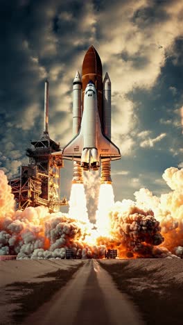 a dramatic low-angle shot captures a space shuttle launching, emphasizing power and motion