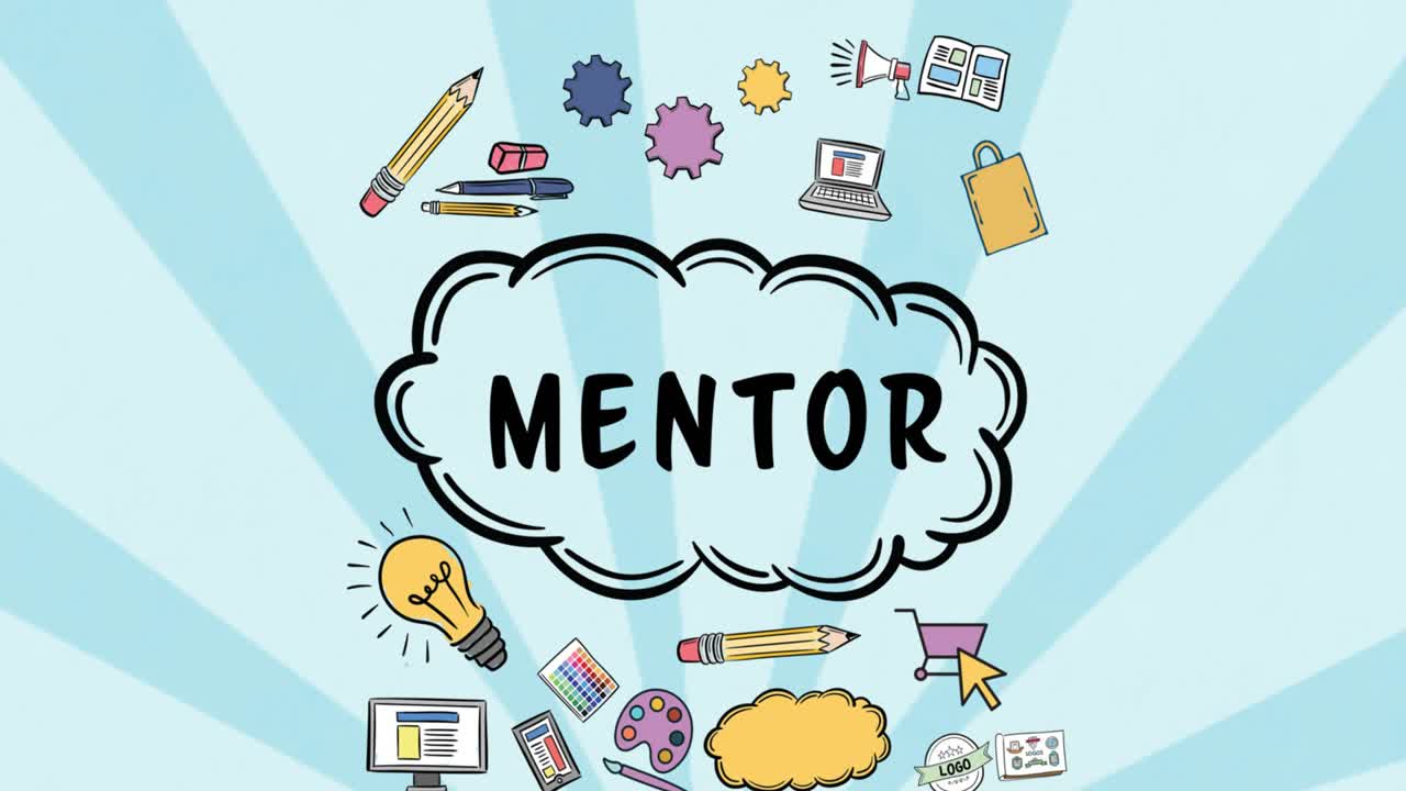 animación del texto del mentor y los útiles escolares sobre un fondo azul