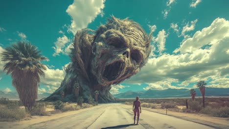 a lone figure walks towards a giant monstrous head in a desert landscape.