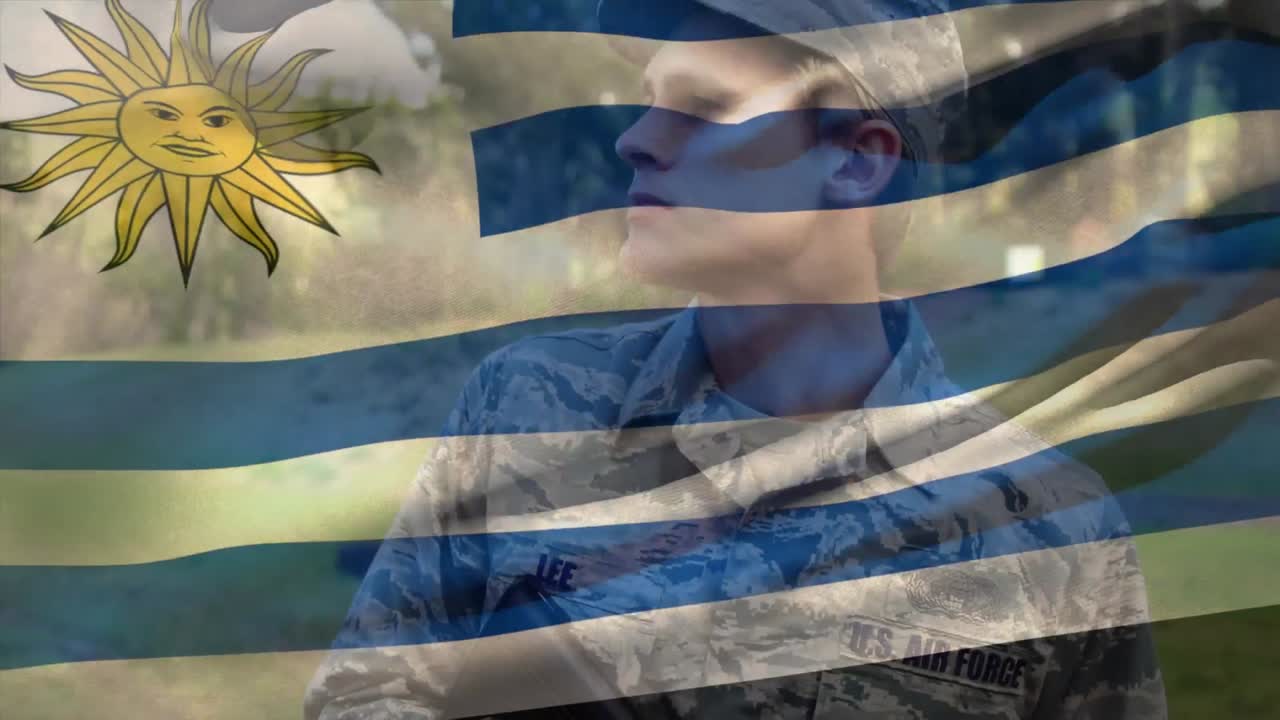 우루과이의 발이 백인 남성 군인 위에 있는 애니메이션