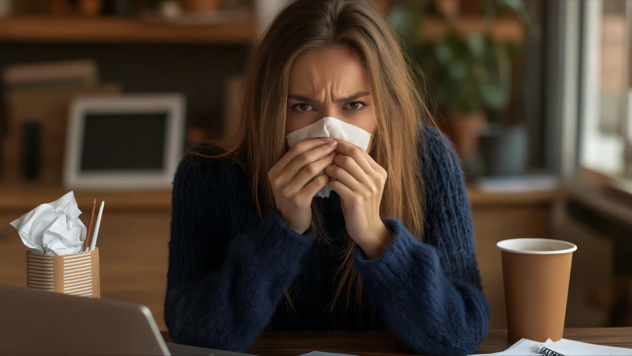 Woman Sneezing Into Tissue Indoors