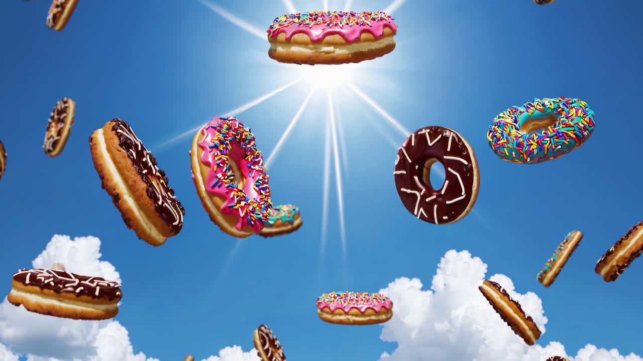 A whimsical video concept featuring donuts with colorful icing and sprinkles floating against a blue