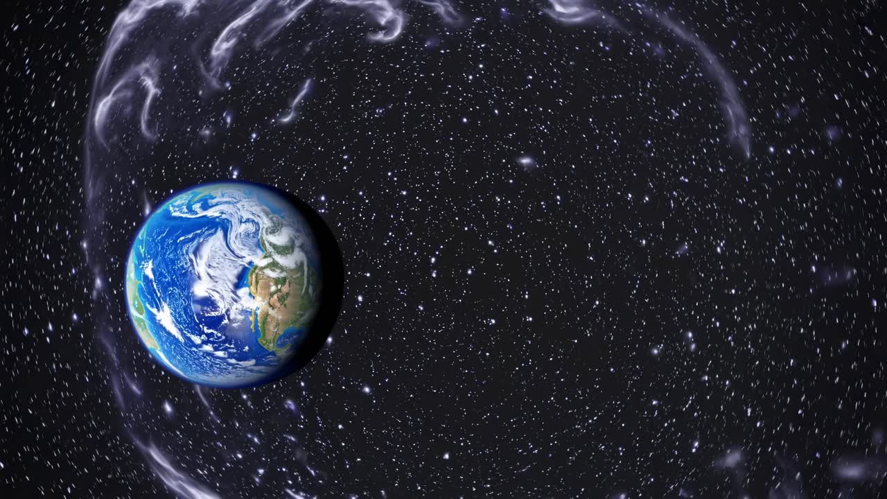 Un concetto video cosmico che mostra la Terra dallo spazio. La vista grandangolare cattura stelle vorticose