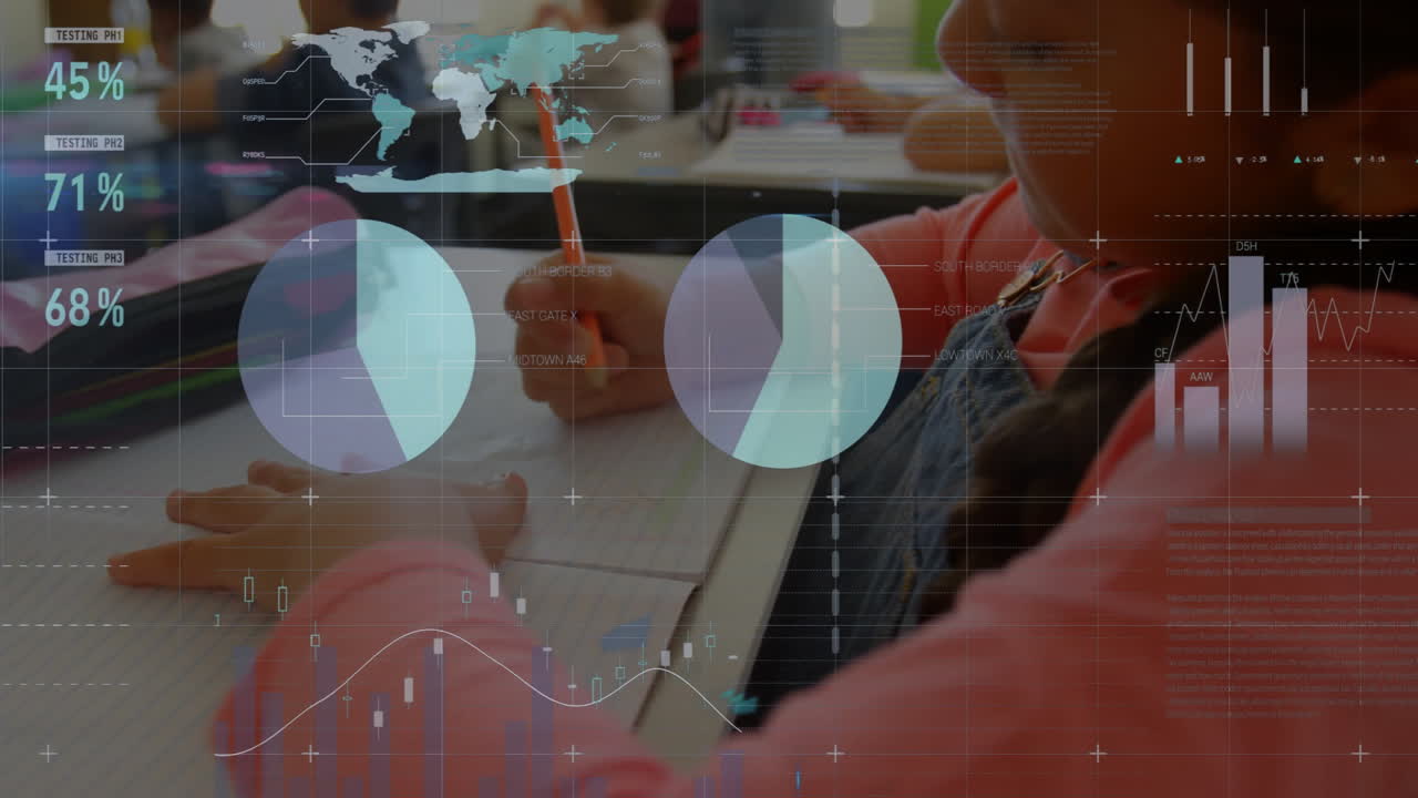 animación de procesamiento de datos y diagramas sobre diversos estudiantes tomando notas en el aula
