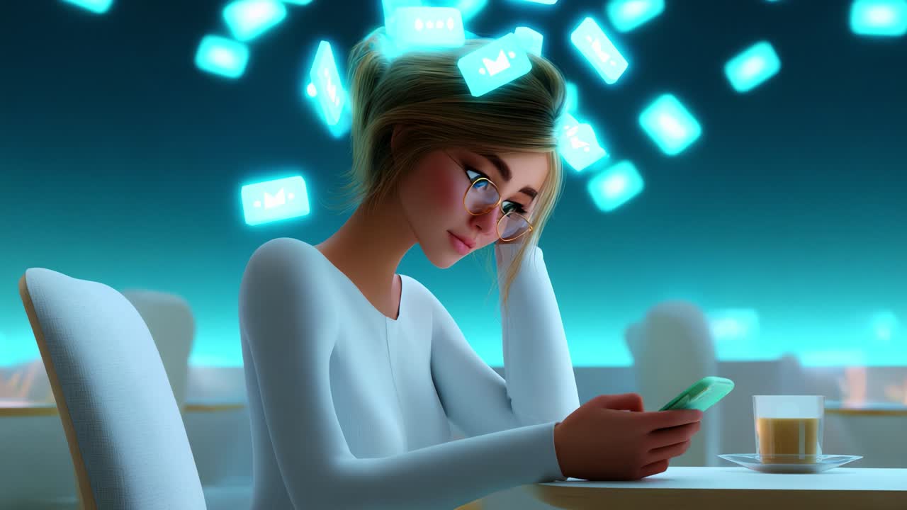 A Young Woman Lost in Thought While Gazing at Her Phone, Surrounded by Floating Notifications in a Modern Cafe Setting, Capturing the Essence of Digital Connection and Isolation in Today's World