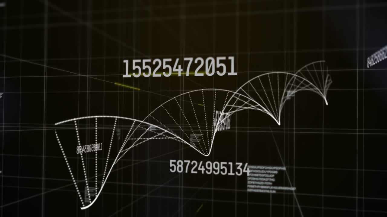 animación digital de múltiples números cambiantes flotando contra la estructura del adn girando en el fondo negro
