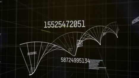 digital animation of multiple changing numbers floating against dna structure spinning on black back