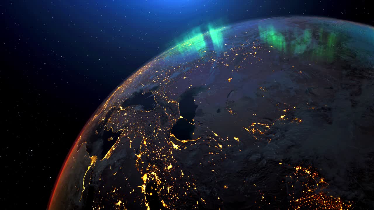la rotación de la tierra desde el espacio horizonte nocturno con luz de aurora. el globo girando en vista por satélite viajes espaciales. animación de renderización 3d realista. elementos de esta imagen proporcionados por nasa.