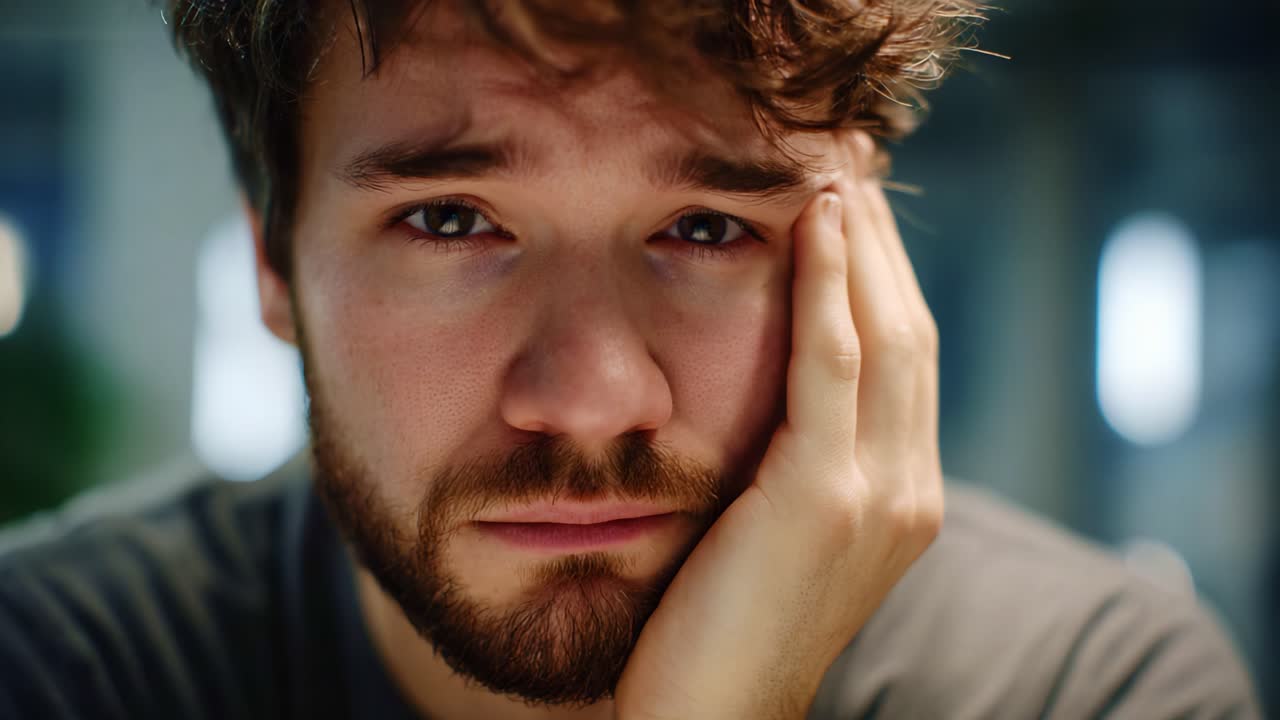 Un giovane uomo con espressione scontenta che riflette pensieri ed emozioni profonde in un momento cupo, catturando l'essenza della vulnerabilità e della riflessione umana