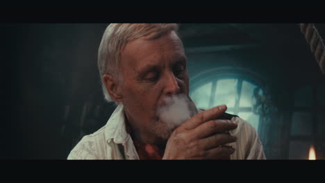 an old pirate eats and drinks and smokes a pipe inside the sailing ship cabin