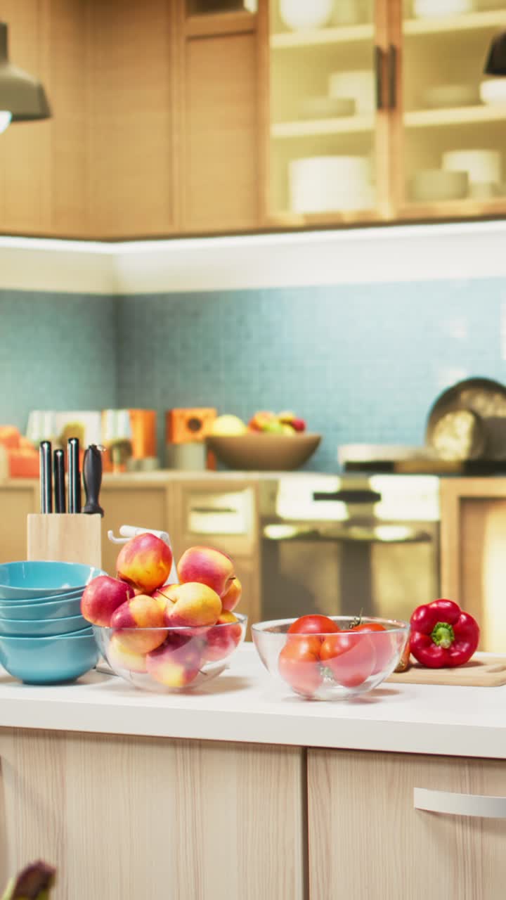 Vertical Video Bright modern kitchen interior with elegant furniture and wooden cupboards