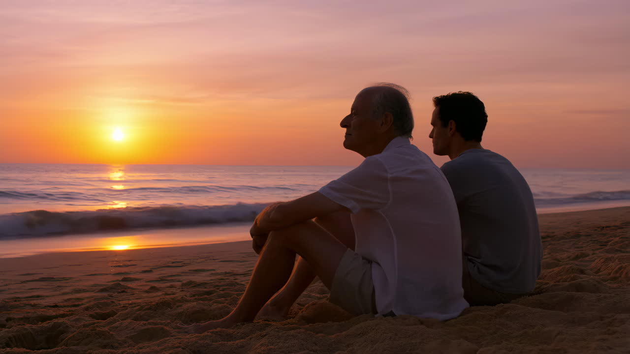 Two men sit on a beach watching the sunset over the ocean