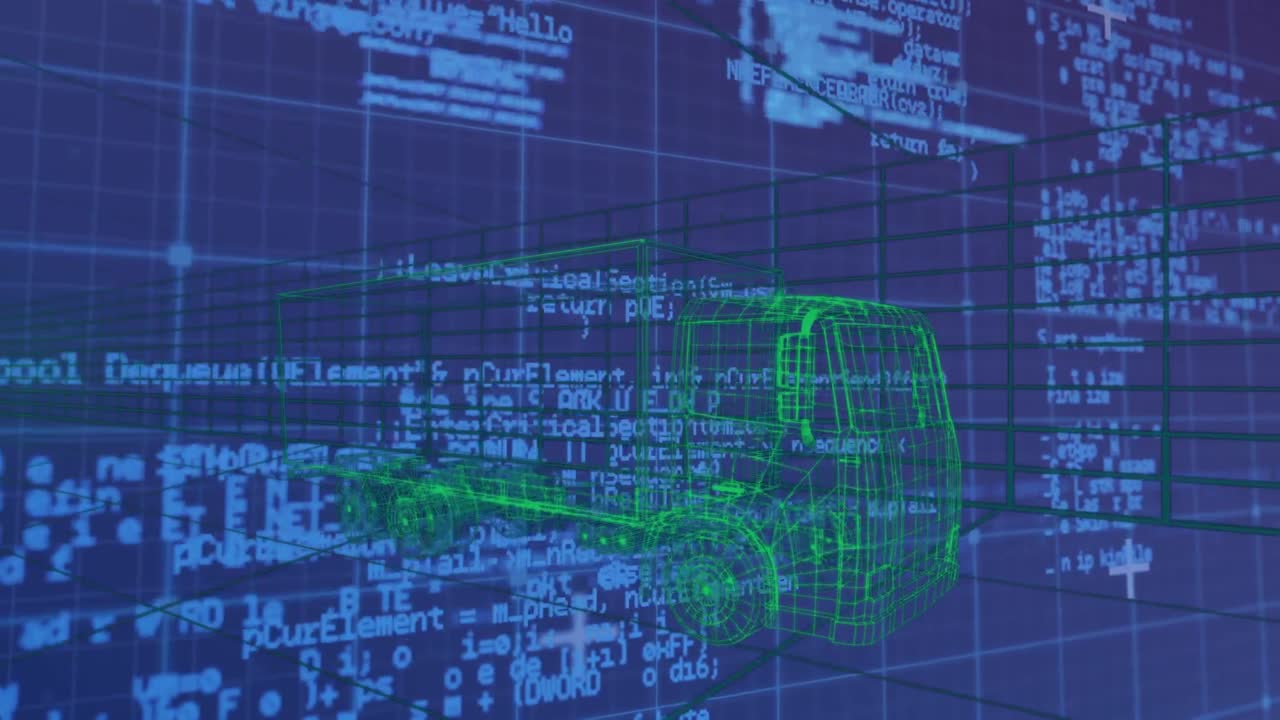 animazione dell'elaborazione dei dati su camion digitale su sfondo blu
