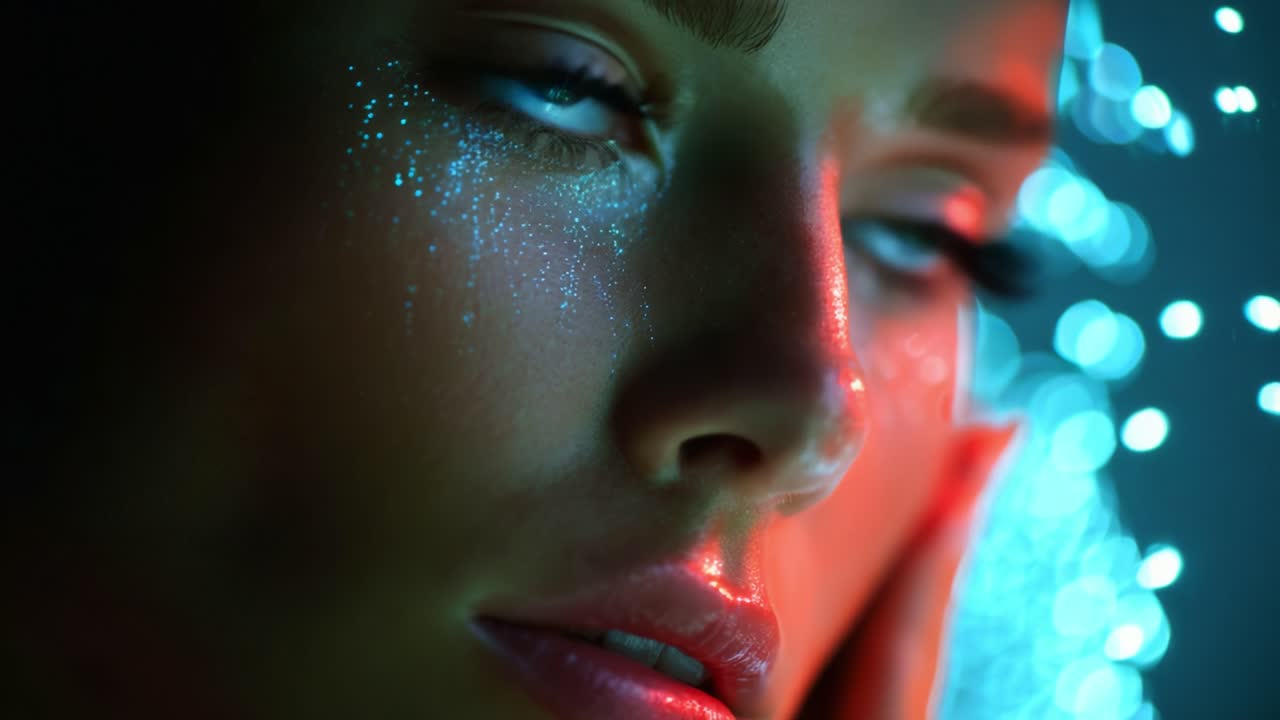 A Stunning Close-Up of a Female Face Adorned with Glittering Accents, Capturing a Moment of Beauty and Emotion Amidst a Dreamy Background of Soft Lights and Ethereal Colors, Evoking Feelings of Enchantment