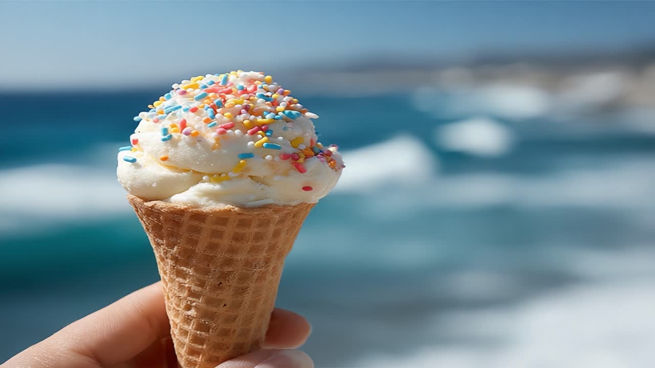 Delizioso cono gelato guarnito con codette colorate gustato con una splendida vista sull'oceano, catturando l'essenza delle delizie estive e del relax costiero