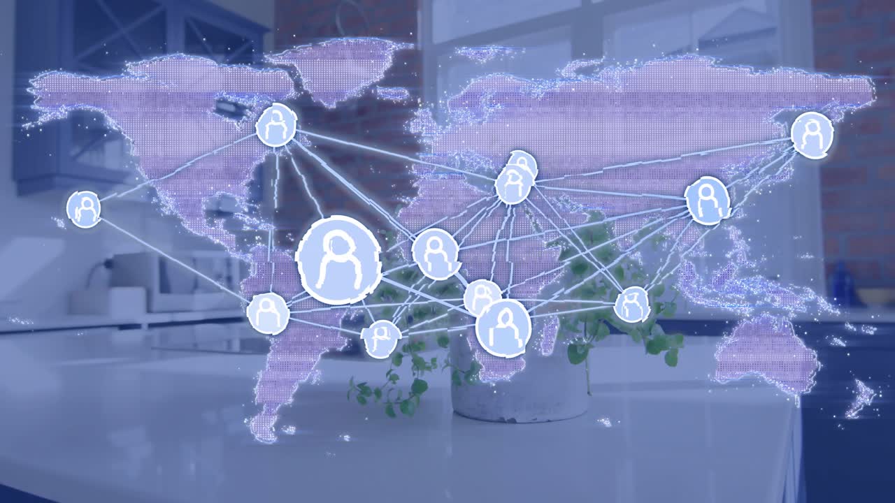 Fading purple map overlay showing glowing user icons emerging and connecting for digital network