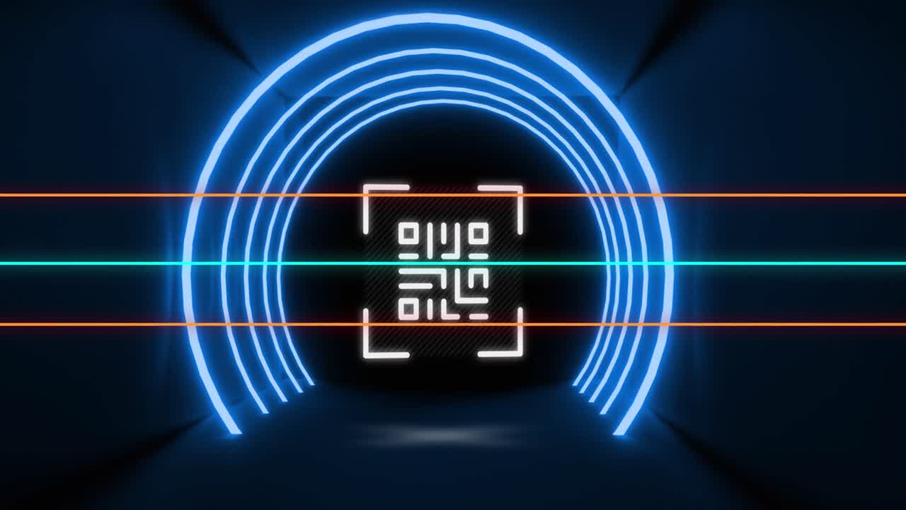 Animation of glowing qr code over neon geometric shapes
