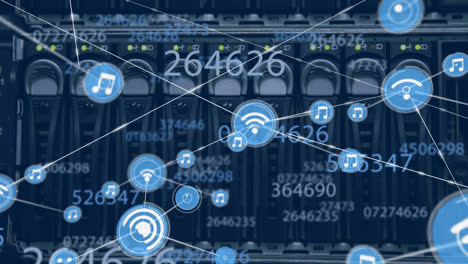 Animation-of-network-of-connections-with-digital-icons-and-numbers-over-computer-server