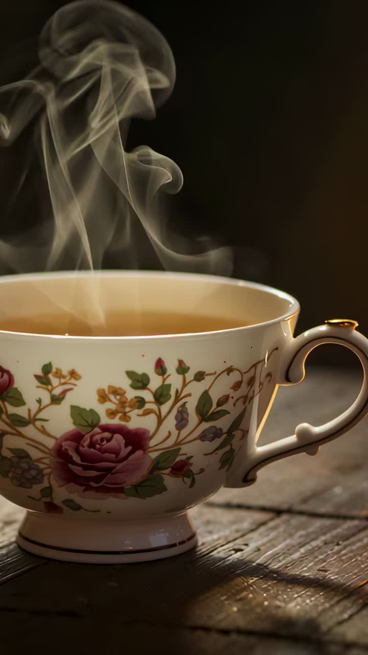 Vertical video: Releasing steam from hot tea, floral china teacup sitting on wood table, warm light