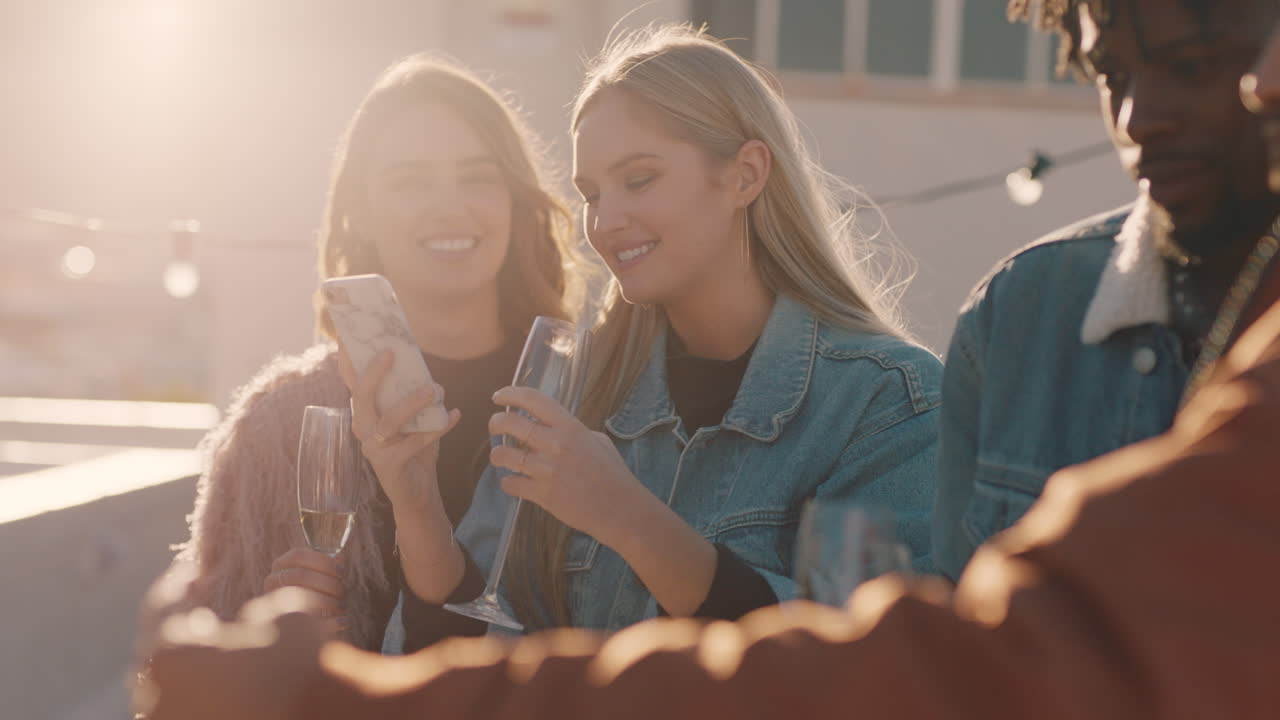 schöne junge frauen, freunde, die ein selfie-foto mit dem smartphone machen, genießen eine dachparty, teilen den wochenend-lebensstil in den sozialen medien, haben spaß und feiern freundschaft