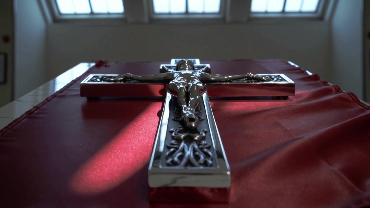 Kamera zbliżająca się, ukazująca metalowy krucyfiks na czerwonym obrusie ołtarzowym w kaplicy, podkreślająca płaskorzeźbę.