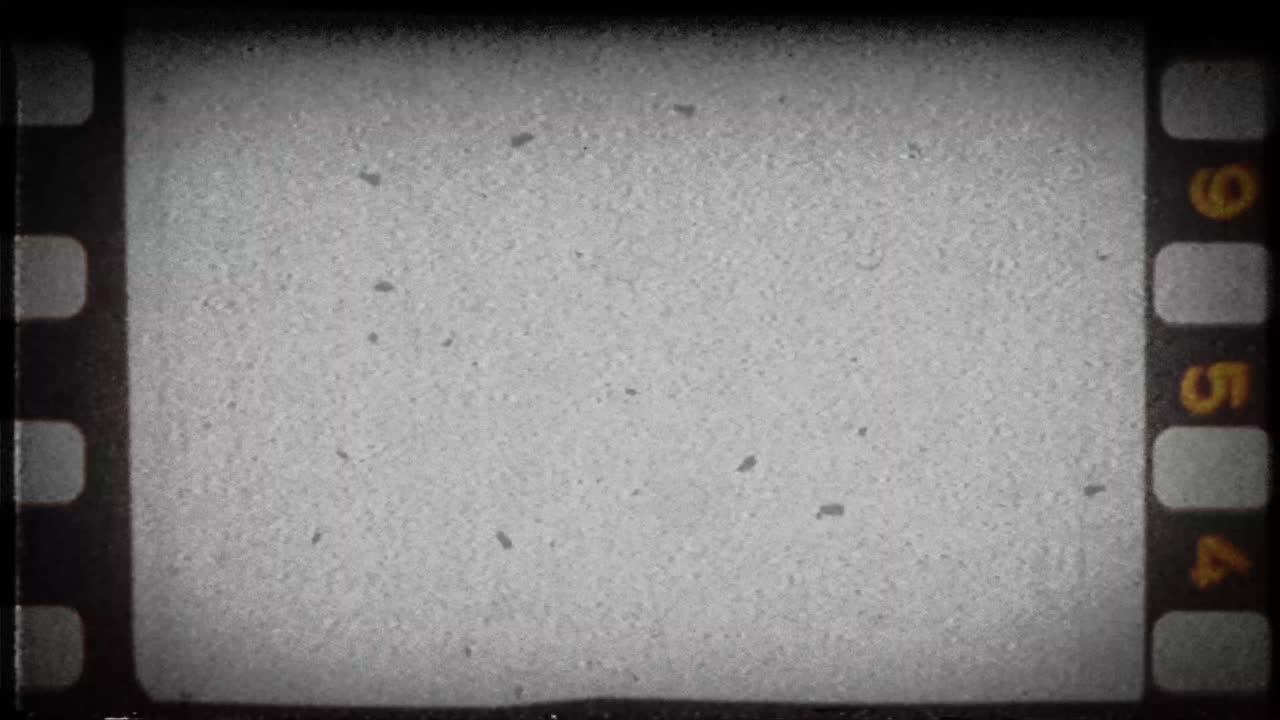 Vintage 8mm film effect with frame border, sprocket holes, dust, and scratches. Seamless loop for creating a retro, archival, or historical look. Black and white cinematic texture
