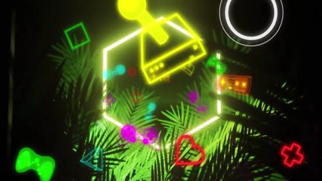 animación de íconos de computadoras y videojuegos y hexágono en neón amarillo, sobre hojas de palma en negro