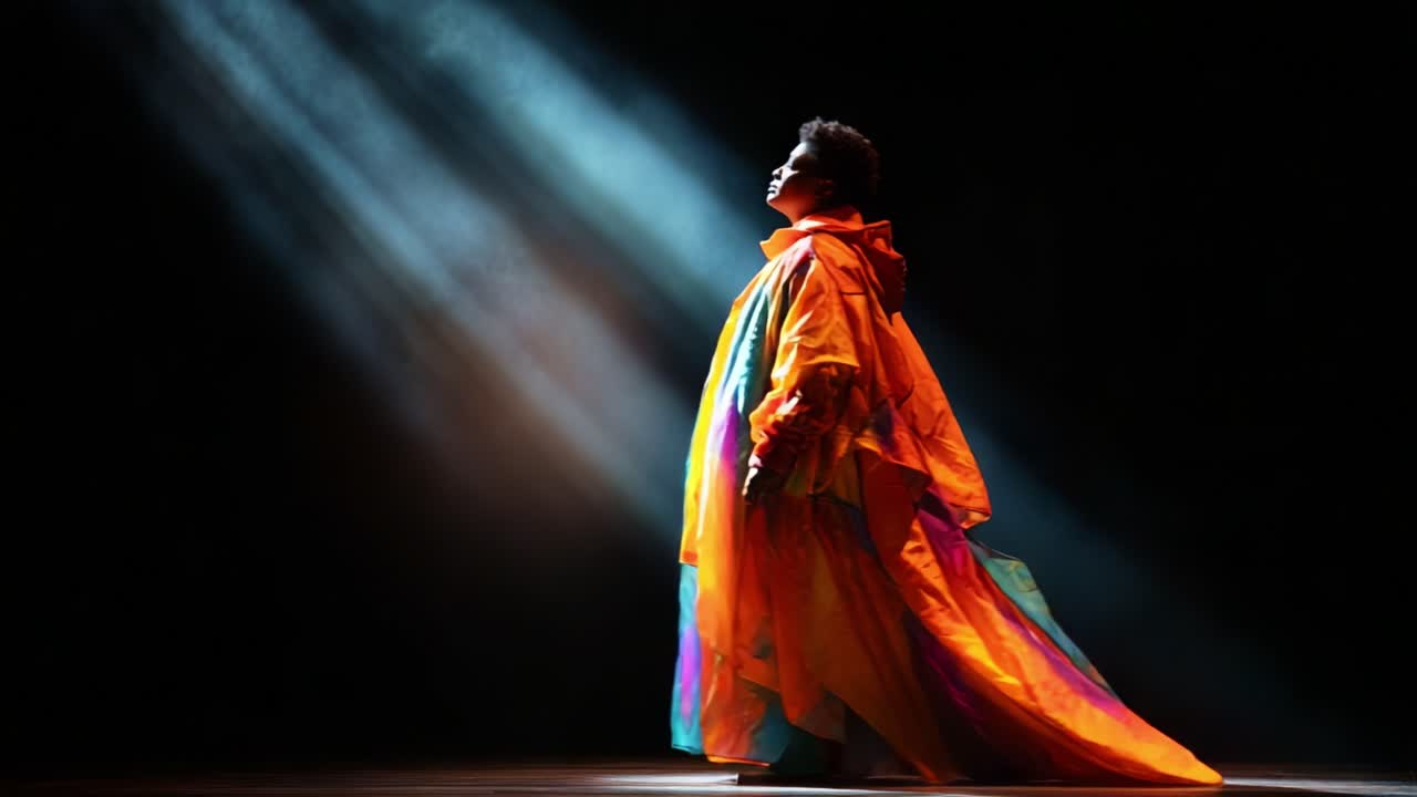 A Stunning Performance Under Dramatic Lighting: A Performer in an Elegant, Multicolored Costume Captivates the Audience with Grace, Poise, and Passion on Stage