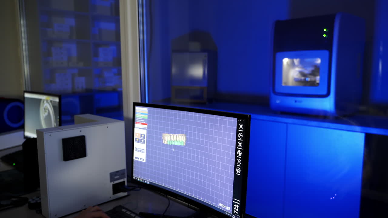 New technologies in dentistry. Technician working on the computer in the laboratory. Dental milling machine in blue light.