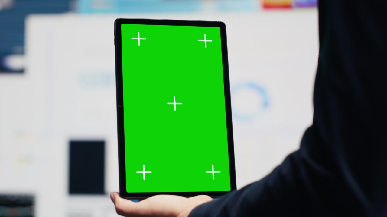 Entrepreneur uses a mockup screen for digital financial analysis
