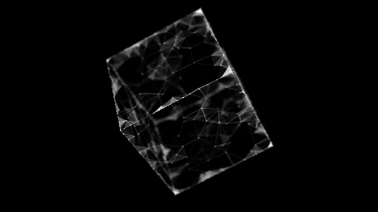 Dynamic flow of connected particles in a closed cube. Technology blockchain concept. Network connections structure. 3D rendering.