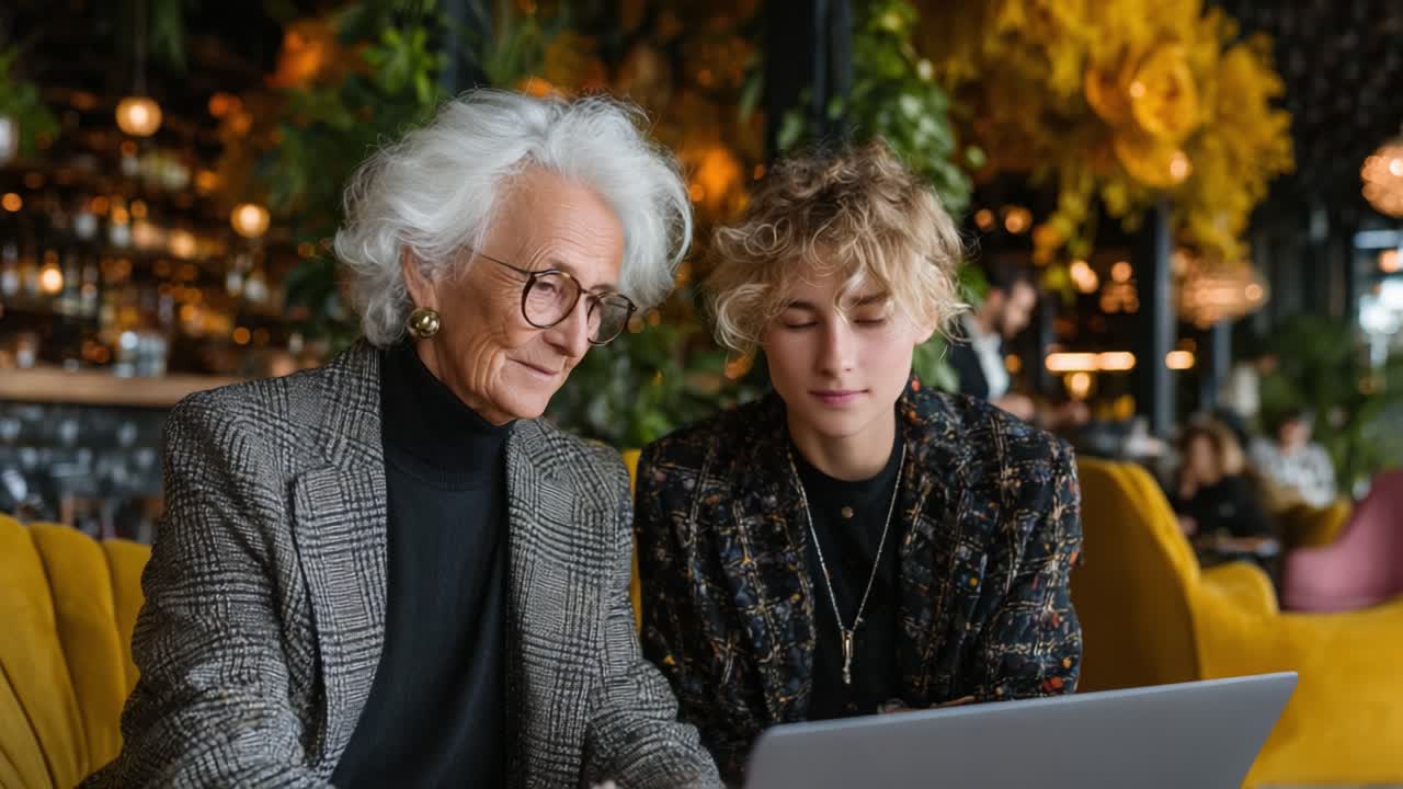 A Thoughtful Connection: Two Women Engaged in Meaningful Discussion Over a Laptop in a Cozy Café Setting, Emphasizing Generational Bonding and Technology