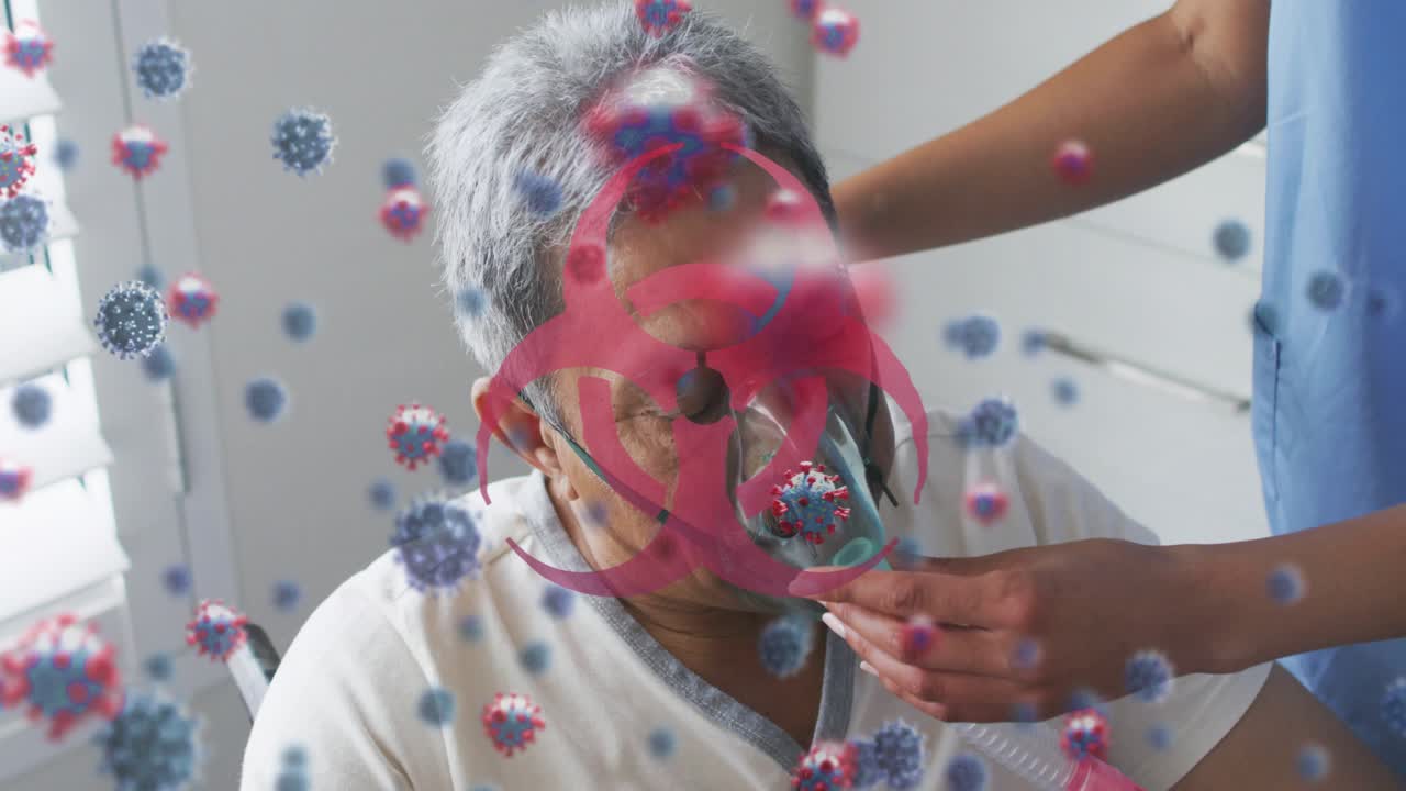 Health carer fitting oxygen mask and tubing while patient getting O2, viral overlay biohazard icon