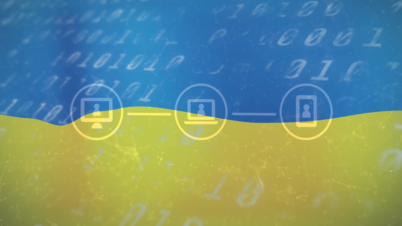 우크라이나의  ⁇ 발 위에 아이콘과 바이너리 코드와 연결의 애니메이션